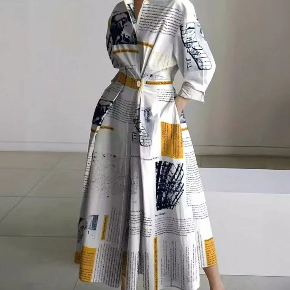 Women's Newspaper Print Collared Wrap-Front Maxi Shirt Dress