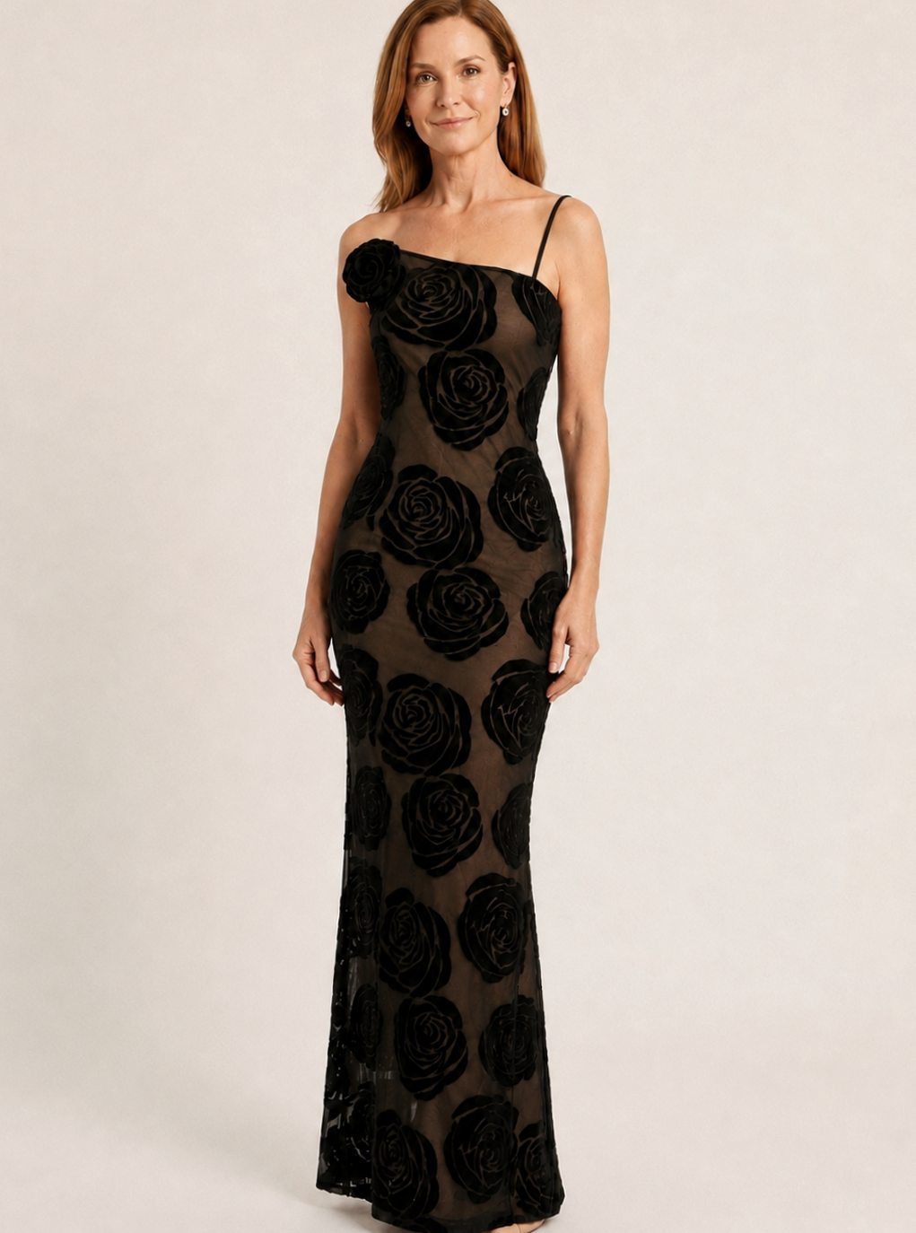 Women's One-Shoulder Floral Velvet Lace Maxi Dress