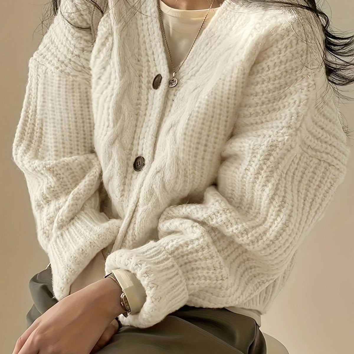 Women's Oversized Cable-Knit Button-Front Cardigan