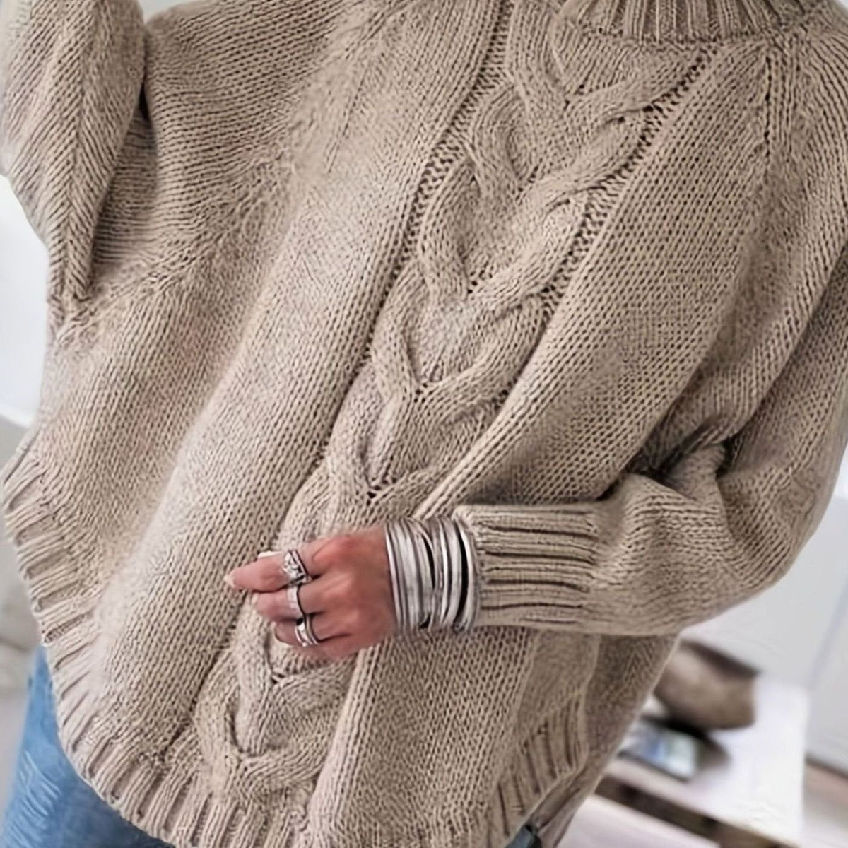 Women's Oversized Cable Knit High-Neck Sweater