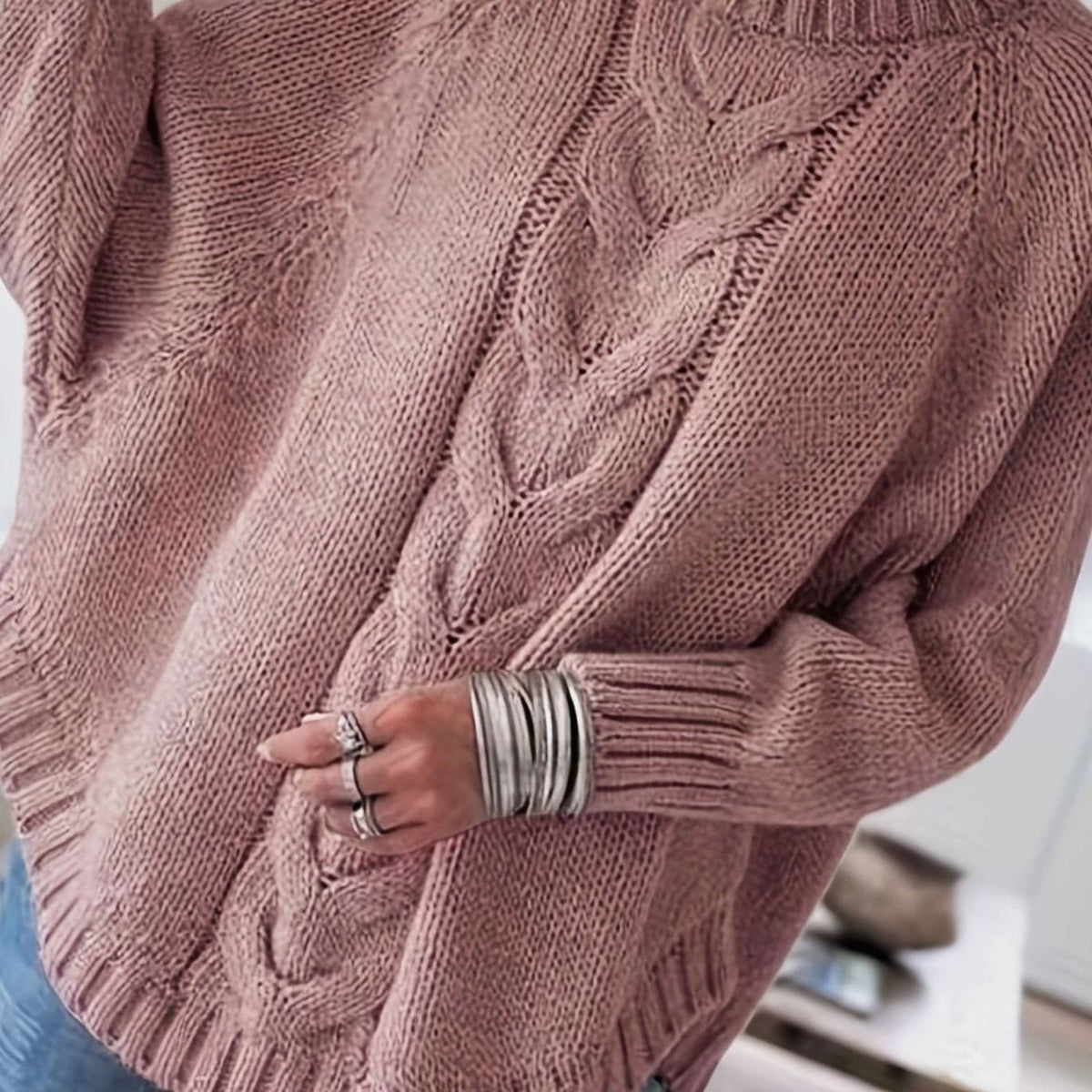 Women's Oversized Cable Knit High-Neck Sweater