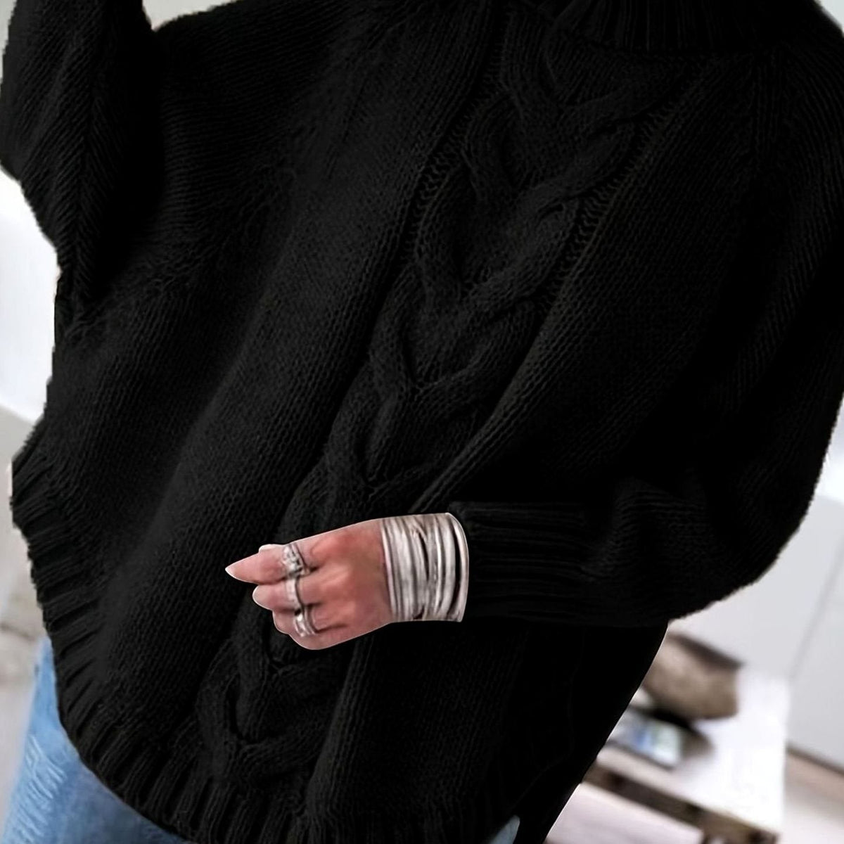 Women's Oversized Cable Knit High-Neck Sweater