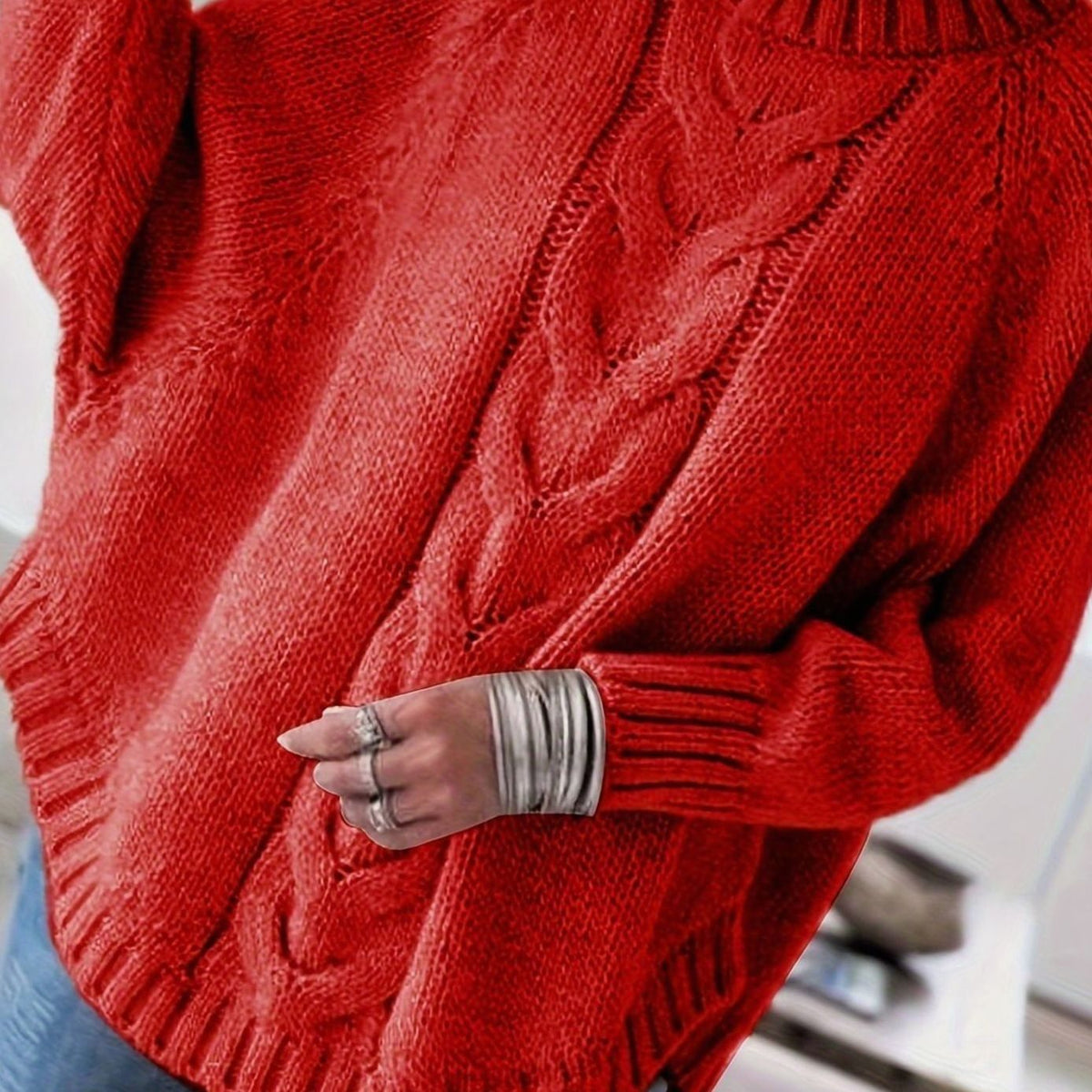 Women's Oversized Cable Knit High-Neck Sweater