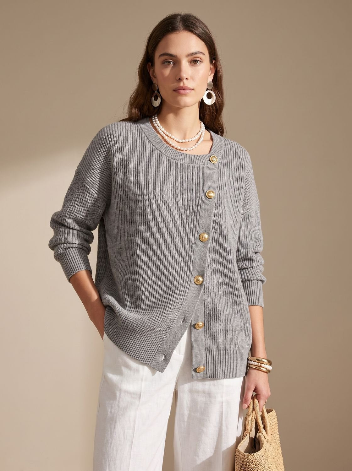 Women's Oversized Collared Knit Cardigan with Gold Buttons