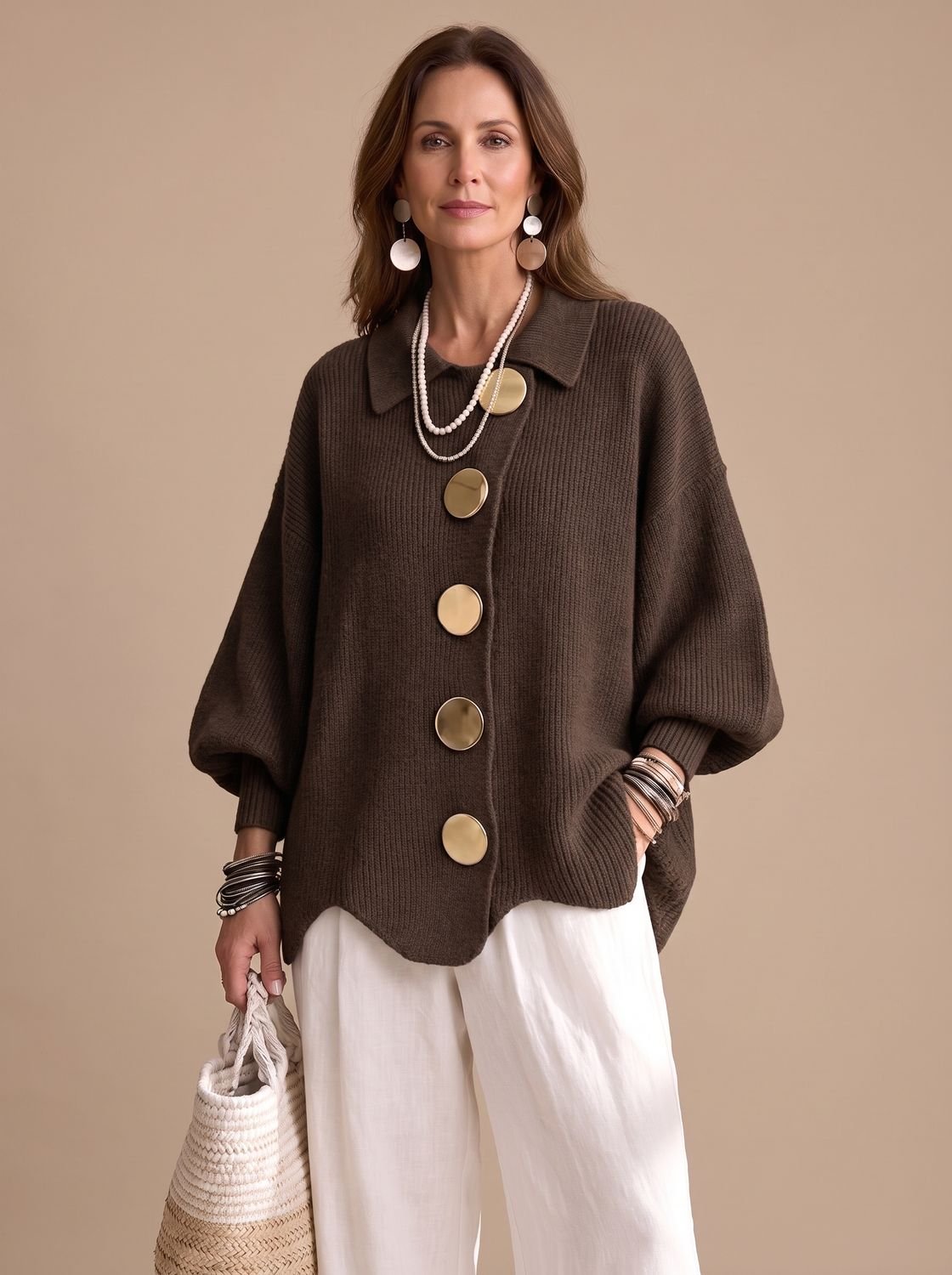 Women's Oversized Collared Knit Cardigan with Gold Buttons