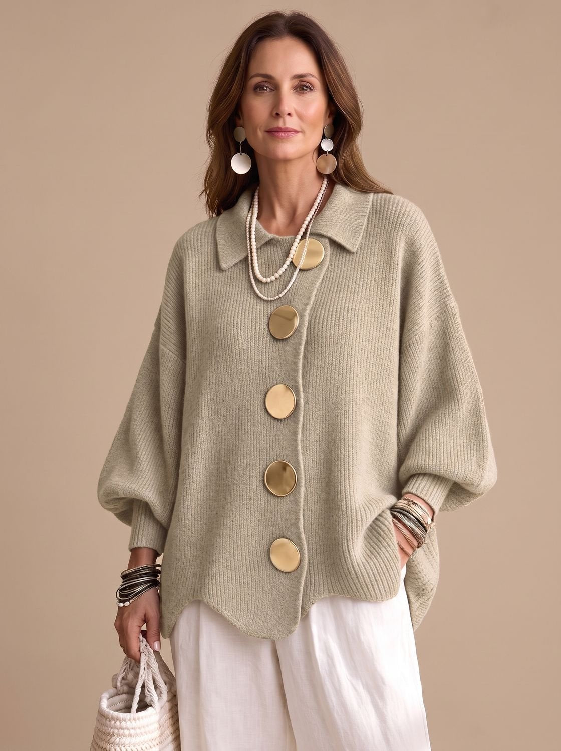 Women's Oversized Collared Knit Cardigan with Gold Buttons
