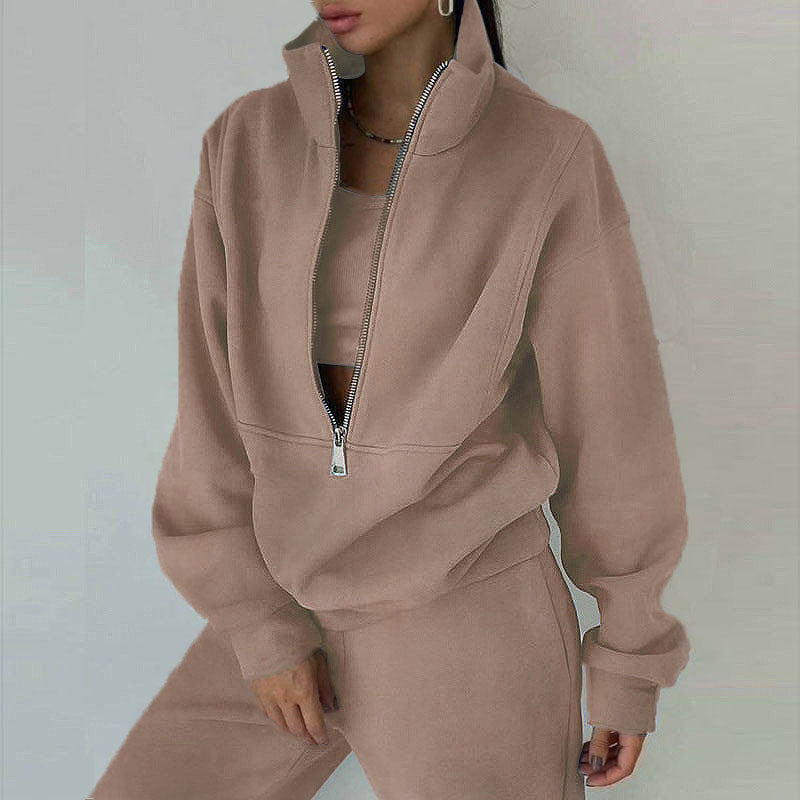 Women's Oversized Crop Half-Zip Sweatshirt and Joggers Set in Soft French Terry with Stand-Up Collar