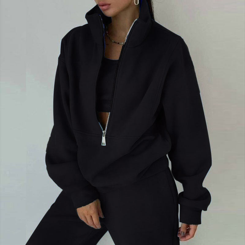 Women's Oversized Crop Half-Zip Sweatshirt and Joggers Set in Soft French Terry with Stand-Up Collar