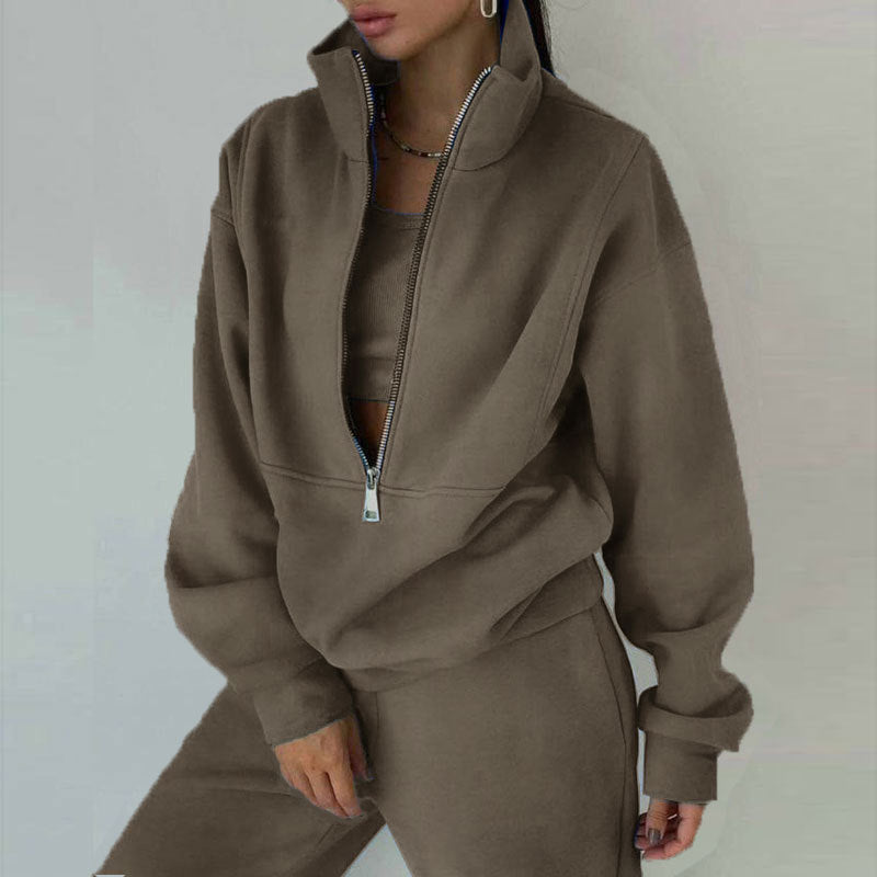 Women's Oversized Crop Half-Zip Sweatshirt and Joggers Set in Soft French Terry with Stand-Up Collar
