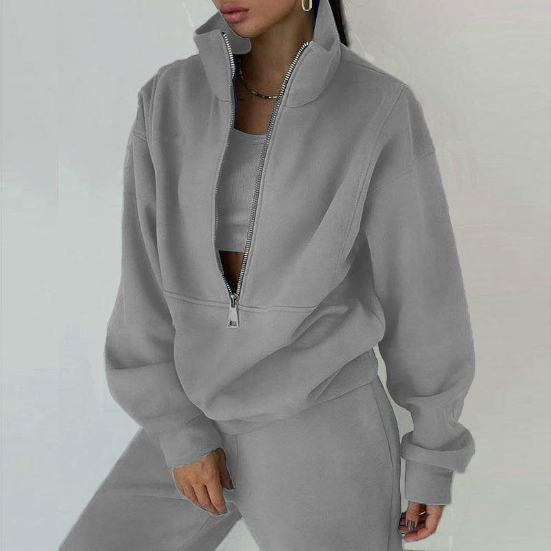 Women's Oversized Crop Half-Zip Sweatshirt and Joggers Set in Soft French Terry with Stand-Up Collar