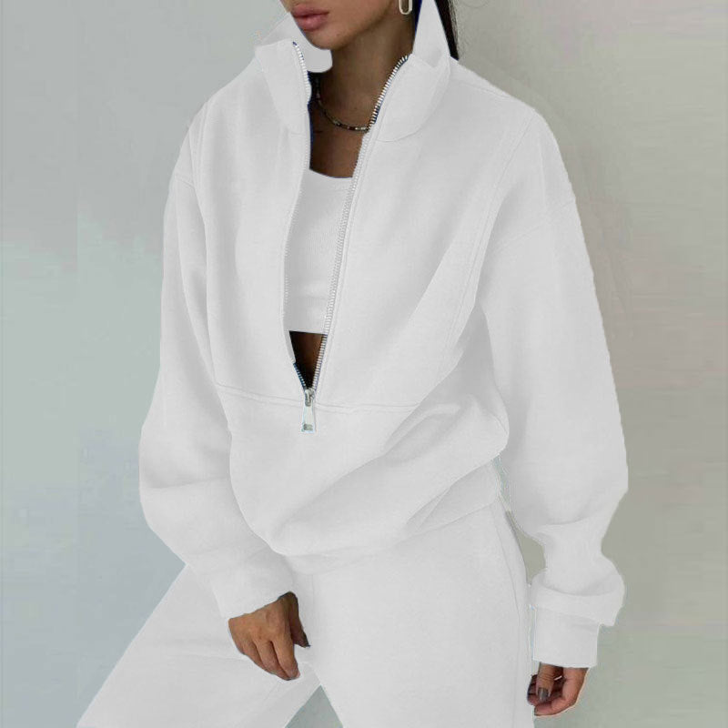 Women's Oversized Crop Half-Zip Sweatshirt and Joggers Set in Soft French Terry with Stand-Up Collar