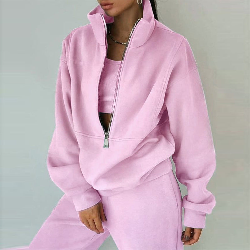 Women's Oversized Crop Half-Zip Sweatshirt and Joggers Set in Soft French Terry with Stand-Up Collar