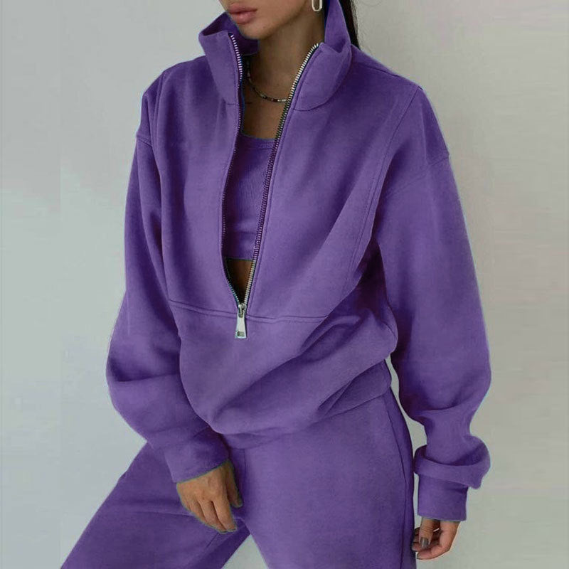 Women's Oversized Crop Half-Zip Sweatshirt and Joggers Set in Soft French Terry with Stand-Up Collar