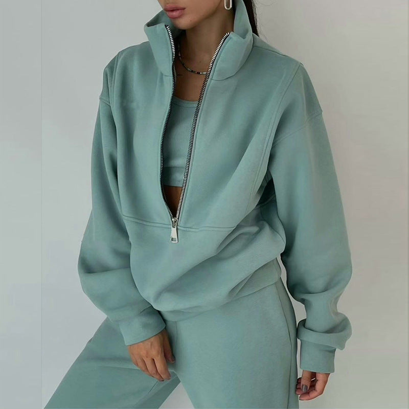 Women's Oversized Crop Half-Zip Sweatshirt and Joggers Set in Soft French Terry with Stand-Up Collar