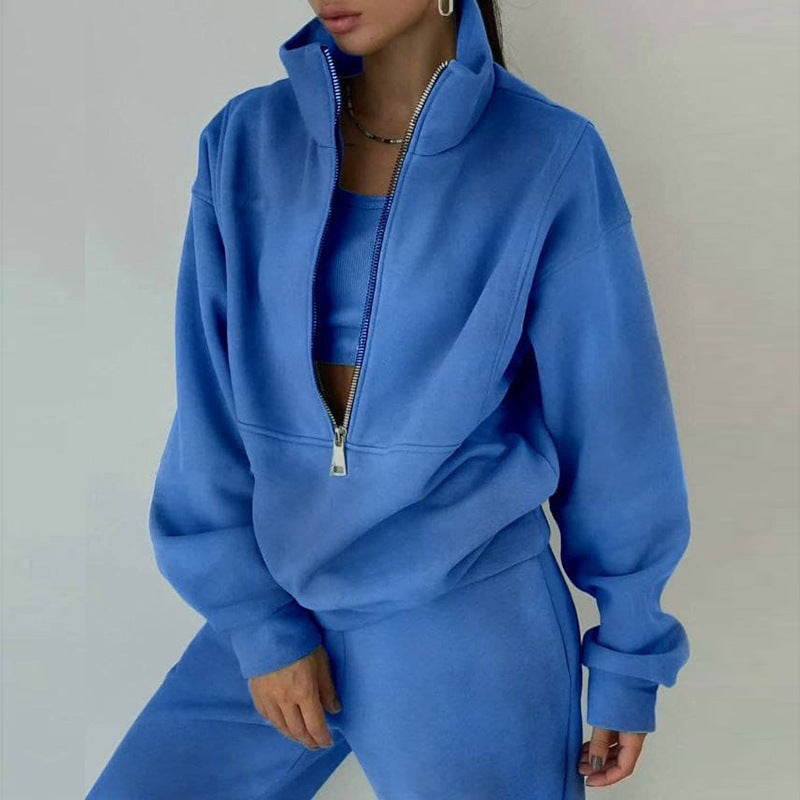 Women's Oversized Crop Half-Zip Sweatshirt and Joggers Set in Soft French Terry with Stand-Up Collar
