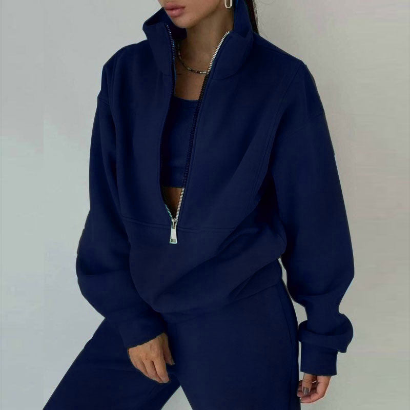 Women's Oversized Crop Half-Zip Sweatshirt and Joggers Set in Soft French Terry with Stand-Up Collar