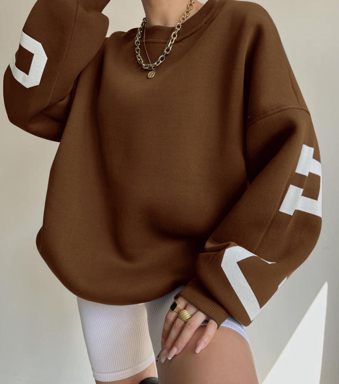 Women's Oversized Fleece-Lined Varsity Sleeve Crewneck Sweatshirt
