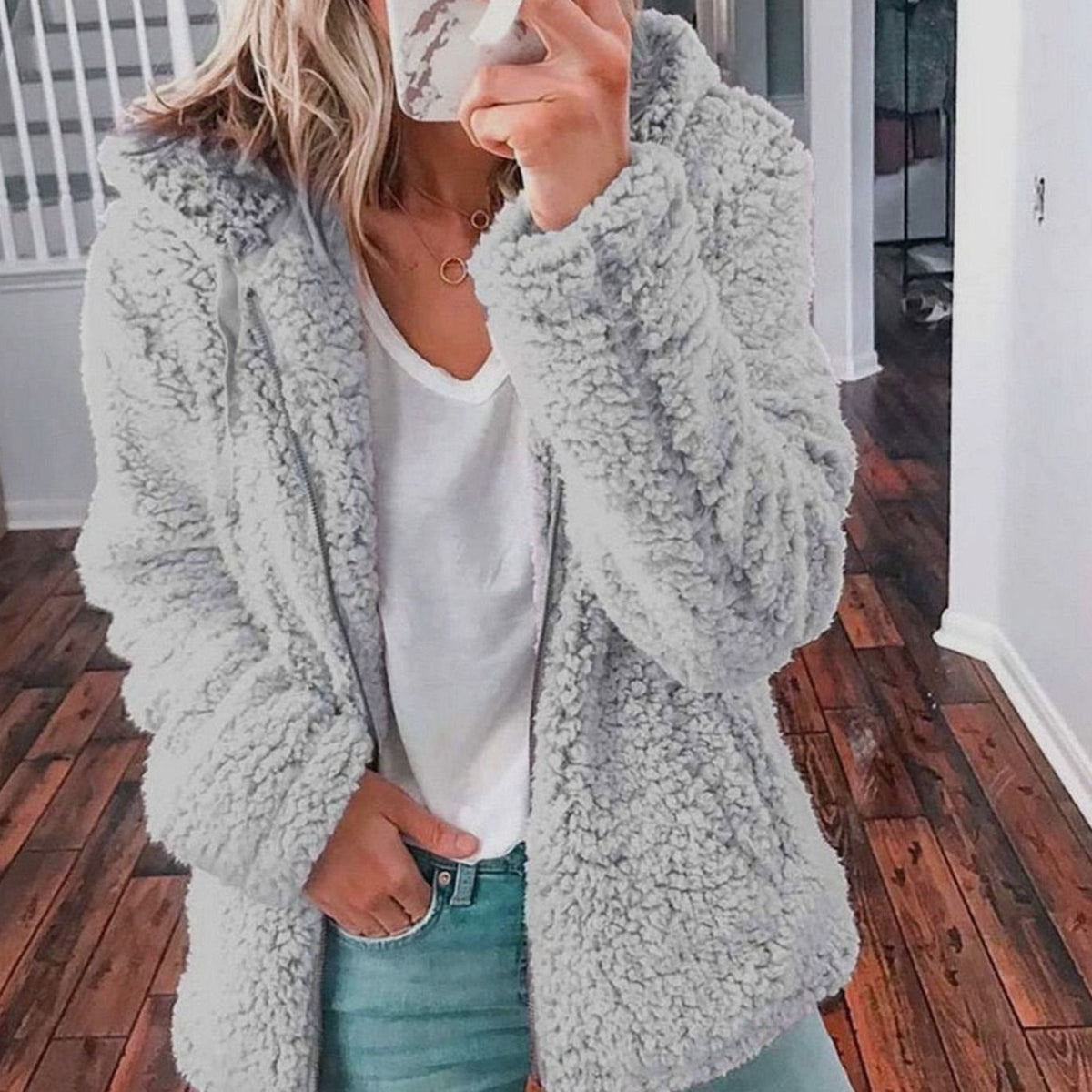 Women's Oversized Hooded Teddy Fleece Zip-Up Coat