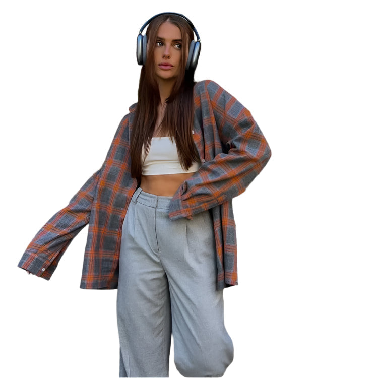 Women's Oversized Plaid Shirt – Long-Sleeved for Comfort