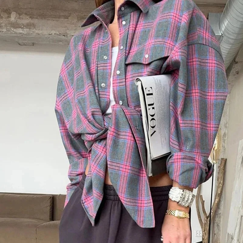 Women's Oversized Plaid Shirt – Long-Sleeved for Comfort