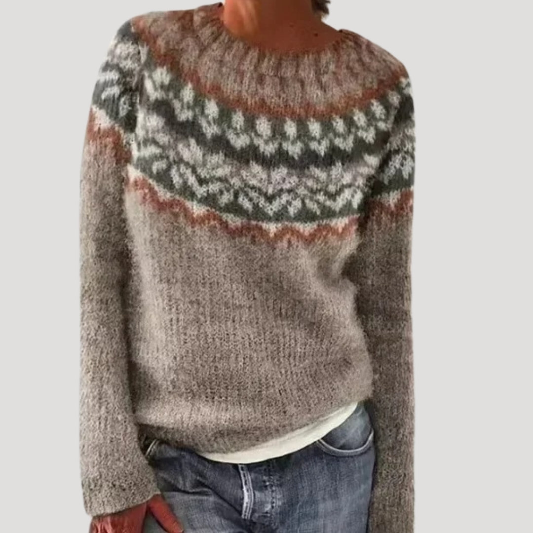 Women's Patterned Crew Neck Sweater with Colorful Yoke