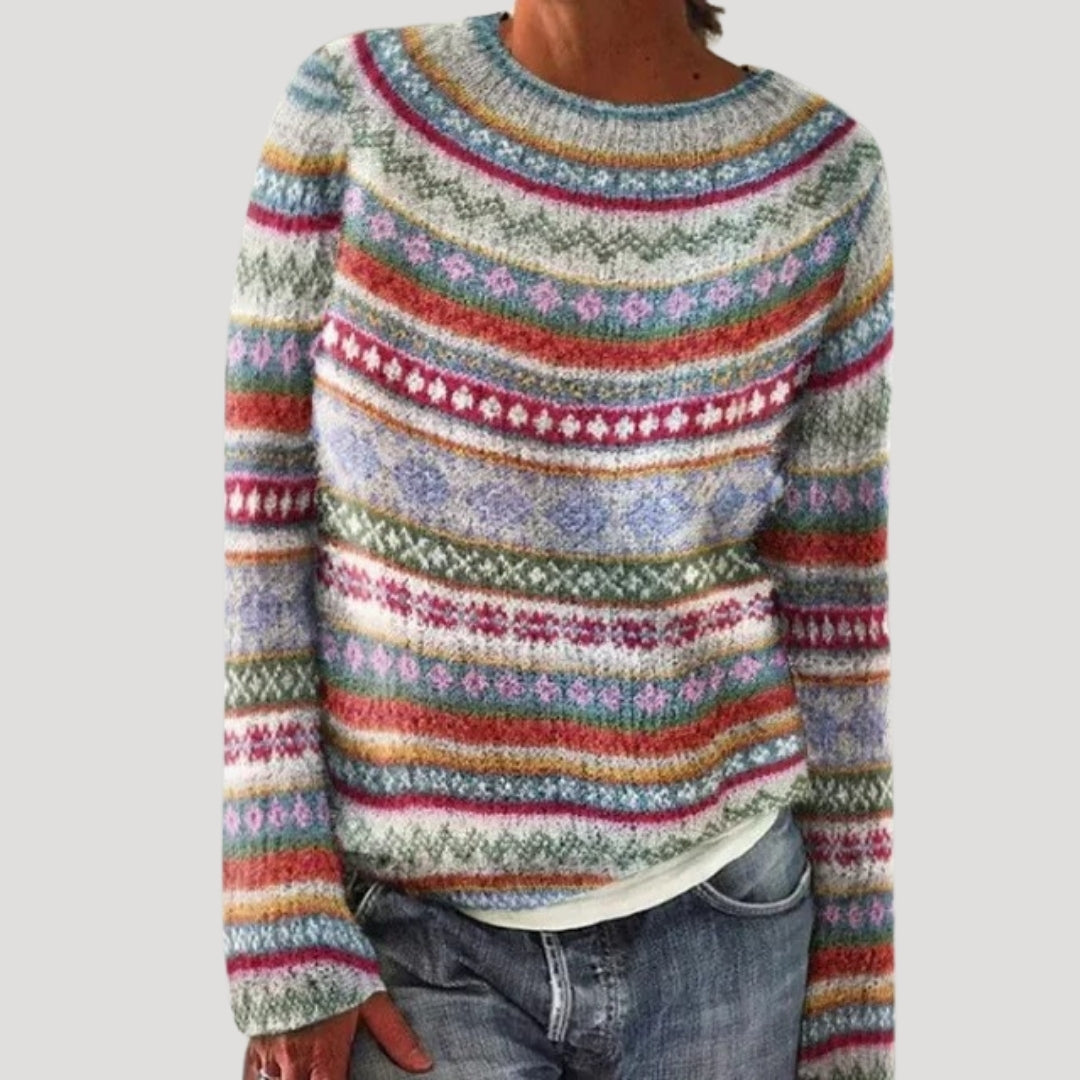 Women's Patterned Crew Neck Sweater with Colorful Yoke
