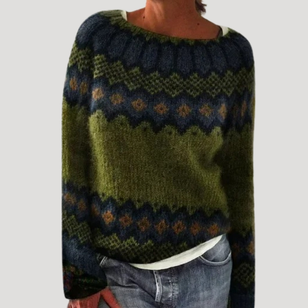 Women's Patterned Crew Neck Sweater with Colorful Yoke