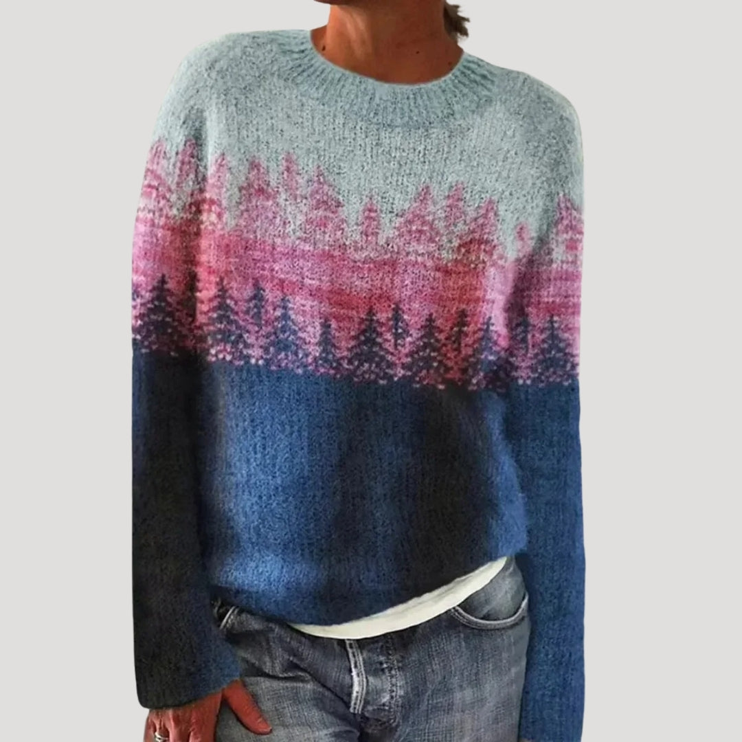 Women's Patterned Crew Neck Sweater with Colorful Yoke