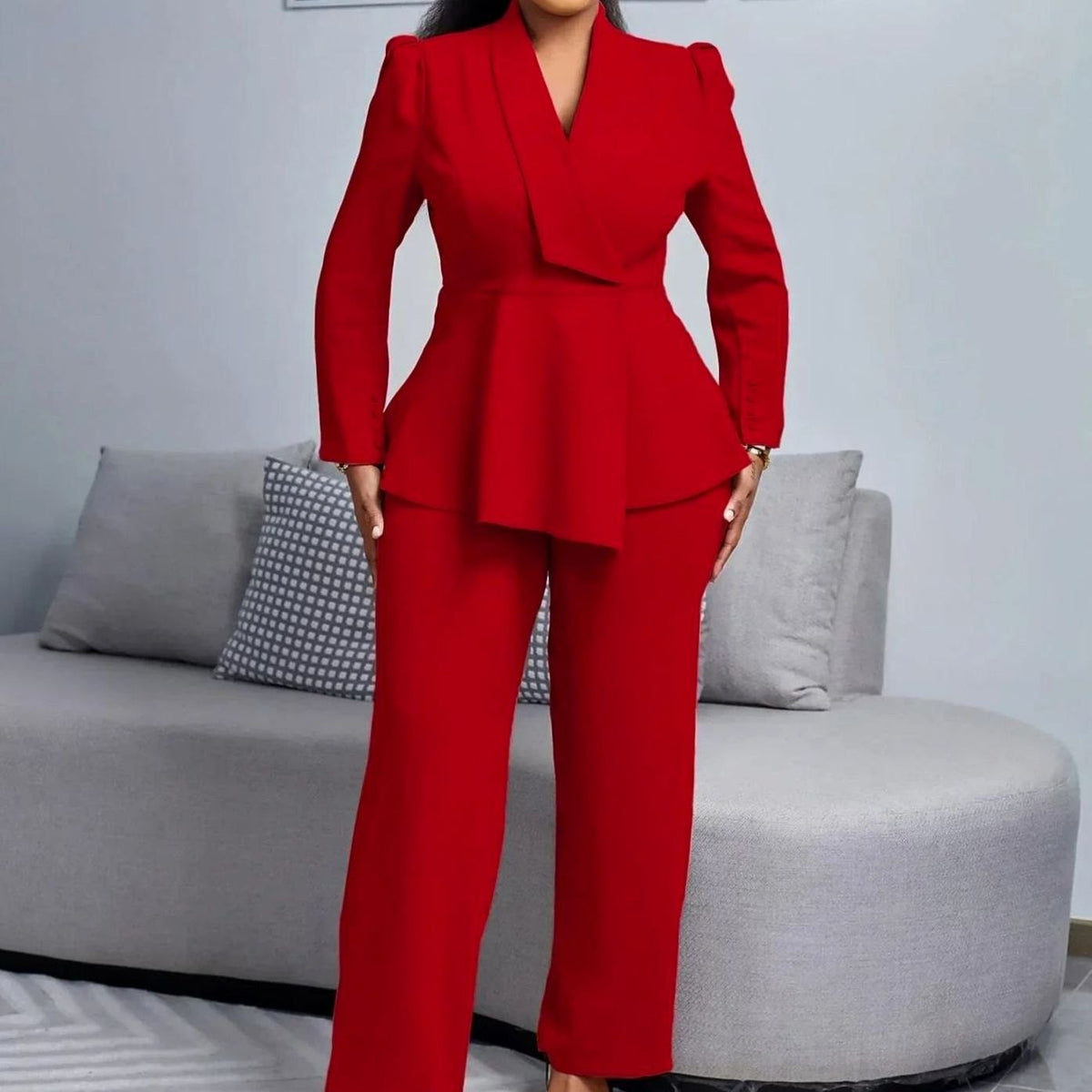 Women's Peplum Blazer and Wide-Leg Pants Suit Set
