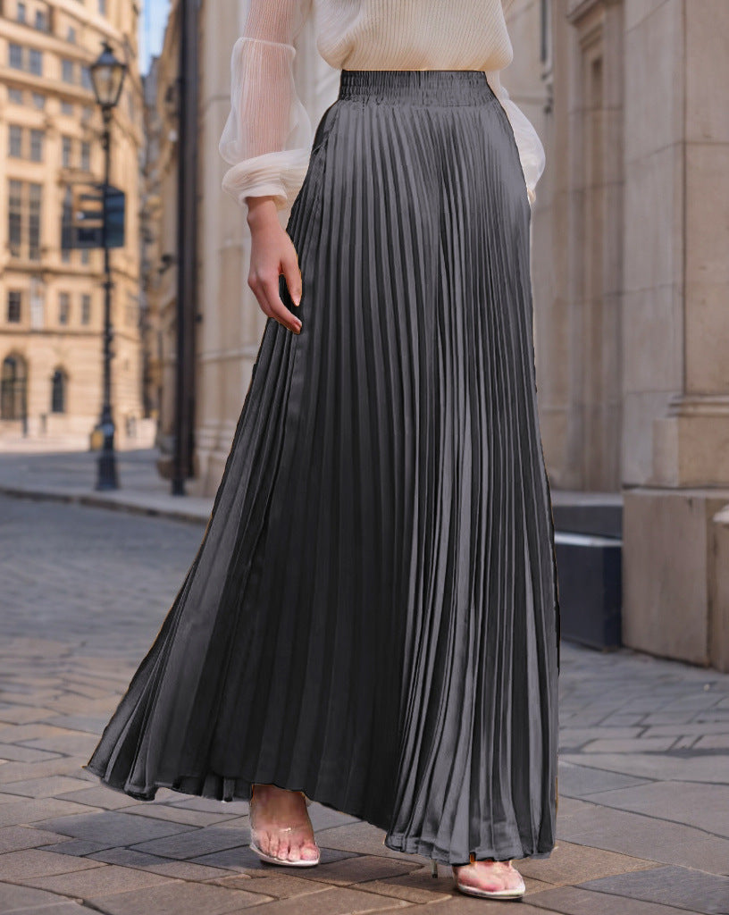 Women's Pleated Flowing Satin Maxi Skirt with Elastic Waistband