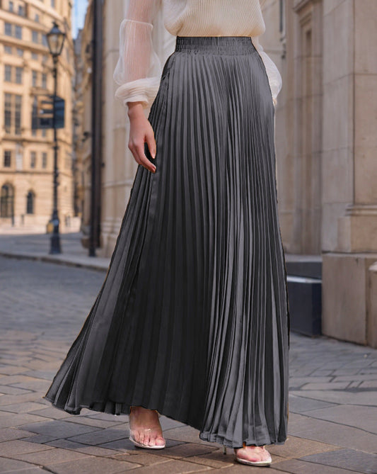 Women's Pleated Flowing Satin Maxi Skirt with Elastic Waistband