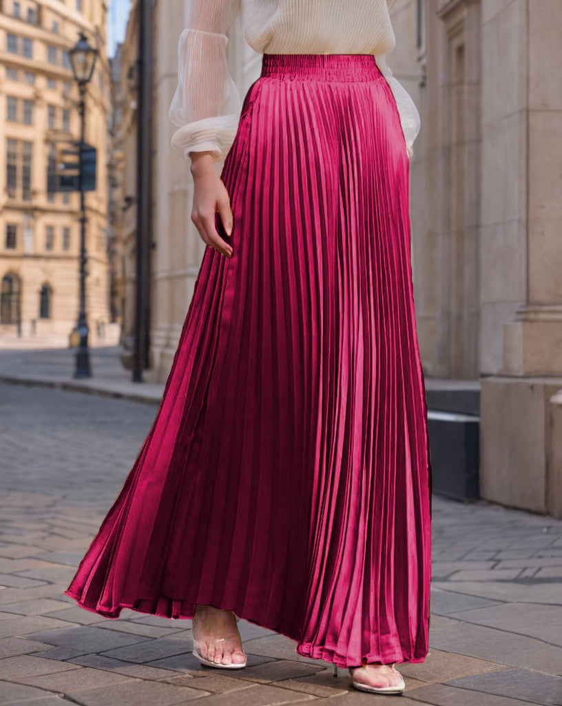 Women's Pleated Flowing Satin Maxi Skirt with Elastic Waistband