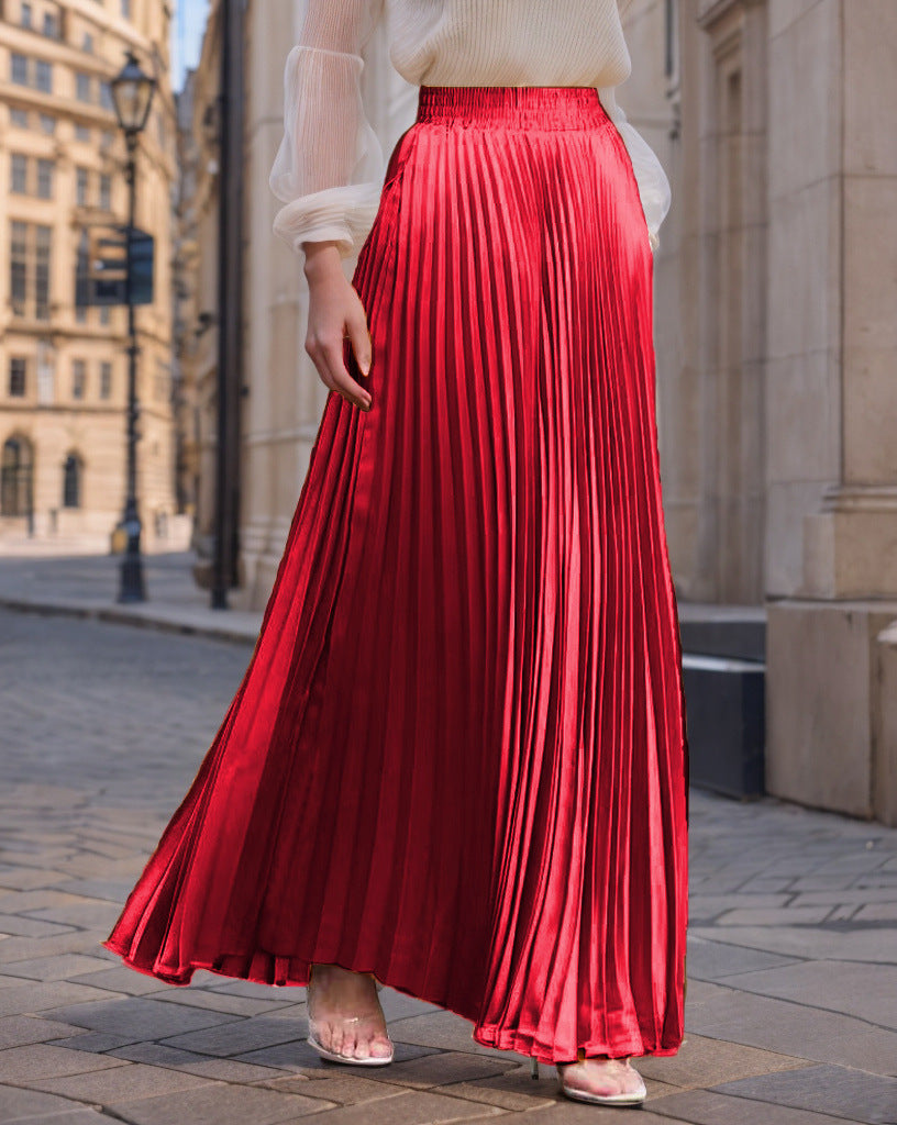Women's Pleated Flowing Satin Maxi Skirt with Elastic Waistband