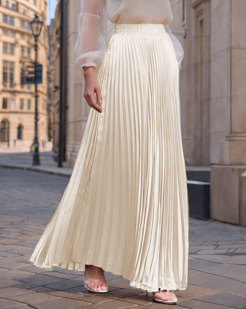 Women's Pleated Flowing Satin Maxi Skirt with Elastic Waistband