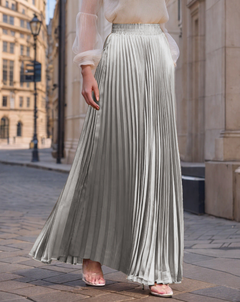 Women's Pleated Flowing Satin Maxi Skirt with Elastic Waistband
