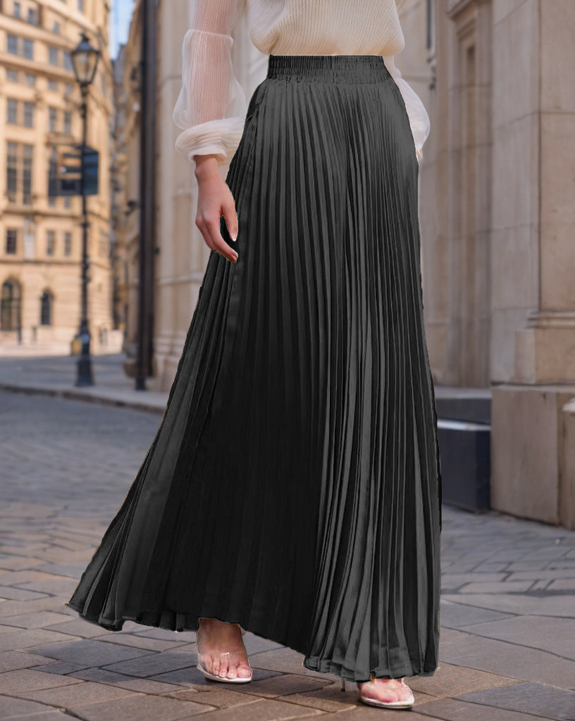 Women's Pleated Flowing Satin Maxi Skirt with Elastic Waistband