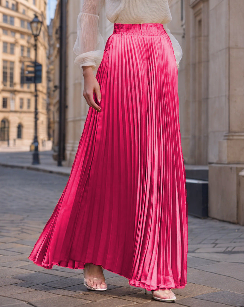 Women's Pleated Flowing Satin Maxi Skirt with Elastic Waistband