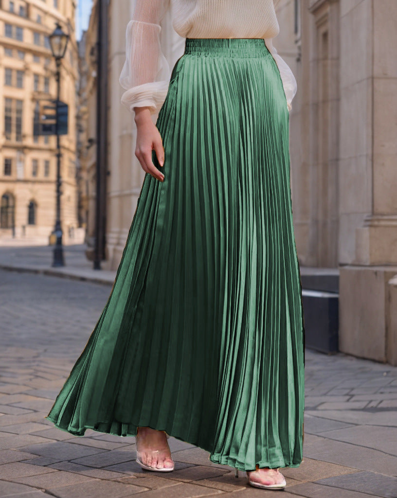 Women's Pleated Flowing Satin Maxi Skirt with Elastic Waistband