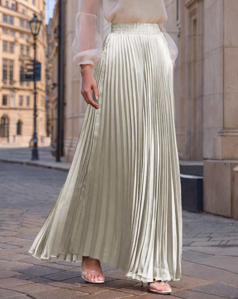 Women's Pleated Flowing Satin Maxi Skirt with Elastic Waistband