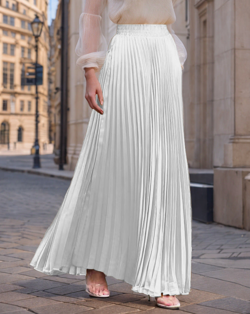 Women's Pleated Flowing Satin Maxi Skirt with Elastic Waistband