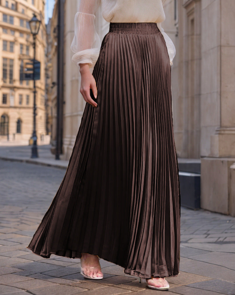 Women's Pleated Flowing Satin Maxi Skirt with Elastic Waistband