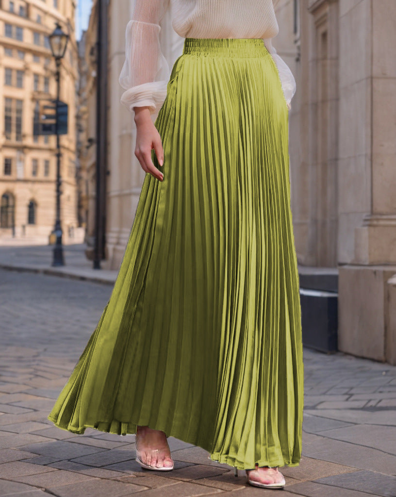 Women's Pleated Flowing Satin Maxi Skirt with Elastic Waistband