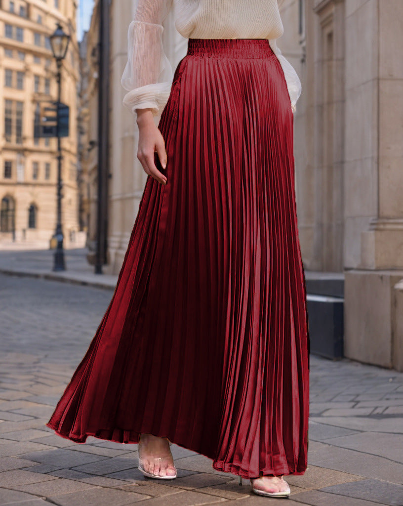 Women's Pleated Flowing Satin Maxi Skirt with Elastic Waistband