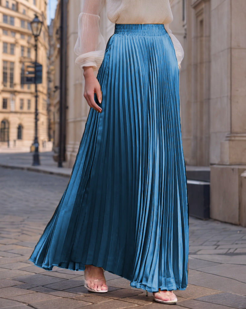 Women's Pleated Flowing Satin Maxi Skirt with Elastic Waistband
