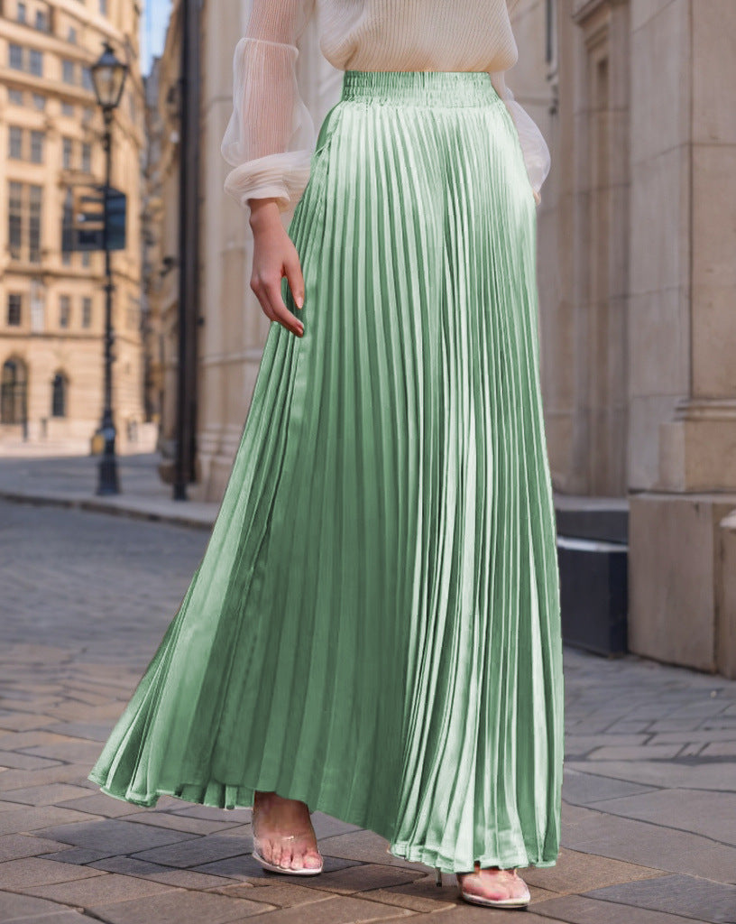 Women's Pleated Flowing Satin Maxi Skirt with Elastic Waistband