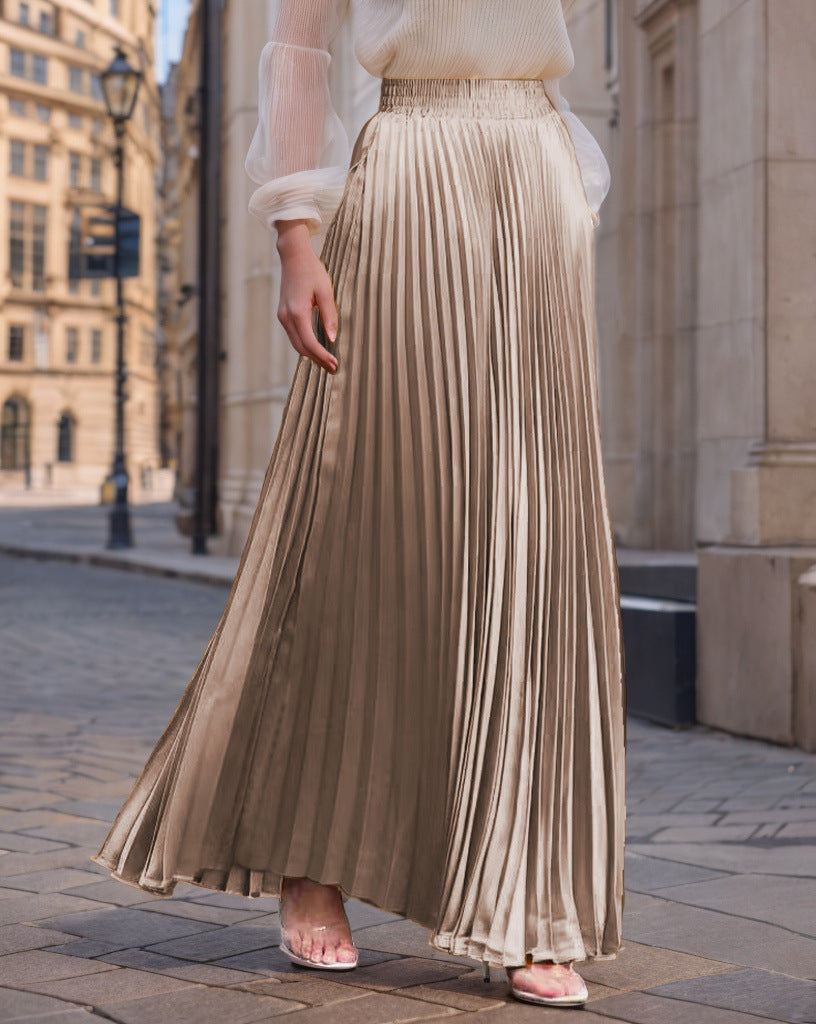 Women's Pleated Flowing Satin Maxi Skirt with Elastic Waistband
