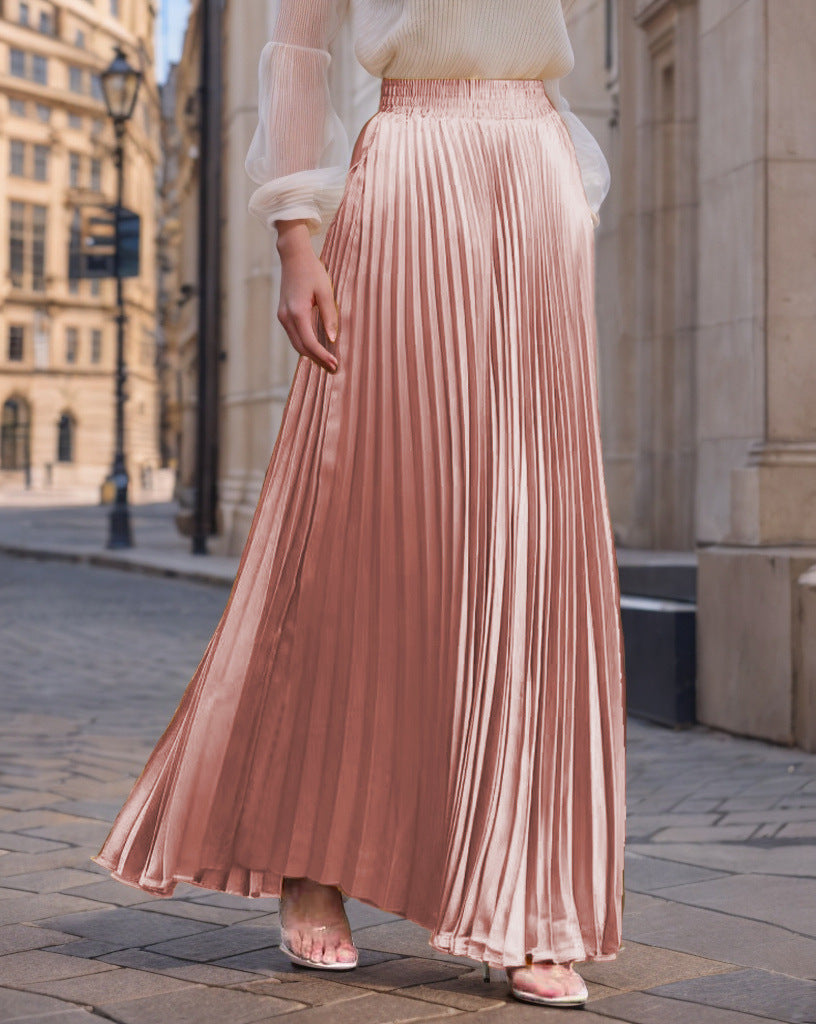 Women's Pleated Flowing Satin Maxi Skirt with Elastic Waistband