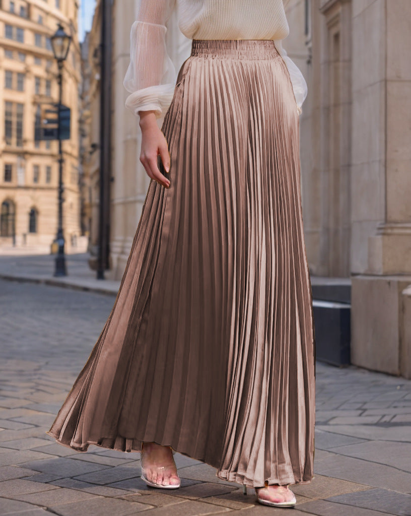 Women's Pleated Flowing Satin Maxi Skirt with Elastic Waistband