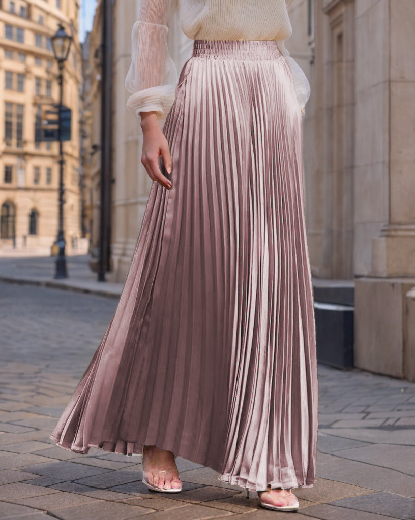 Women's Pleated Flowing Satin Maxi Skirt with Elastic Waistband