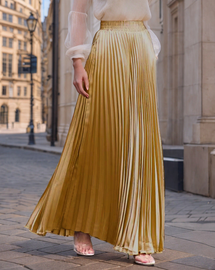 Women's Pleated Flowing Satin Maxi Skirt with Elastic Waistband